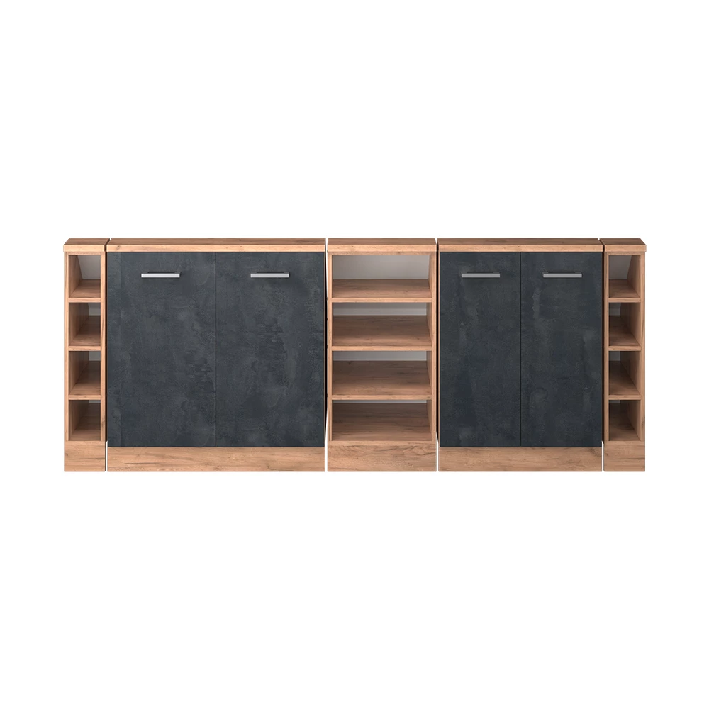Nahaufnahme von Dachschrägenschrank-Set in Schwarz Beton/Goldkraft Eiche, zeigt Textur/Details