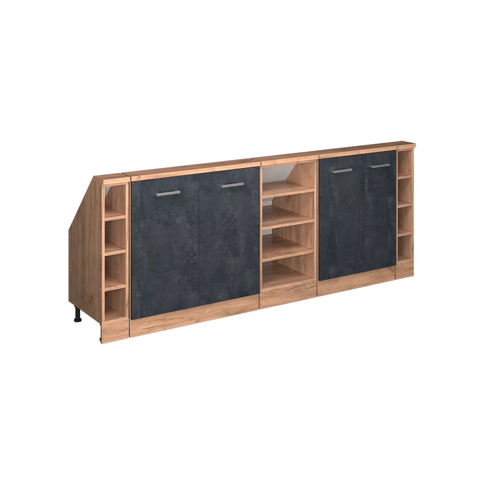 Dachschrägenschrank-Set in Schwarz Beton/Goldkraft Eiche auf weißem Hintergrund