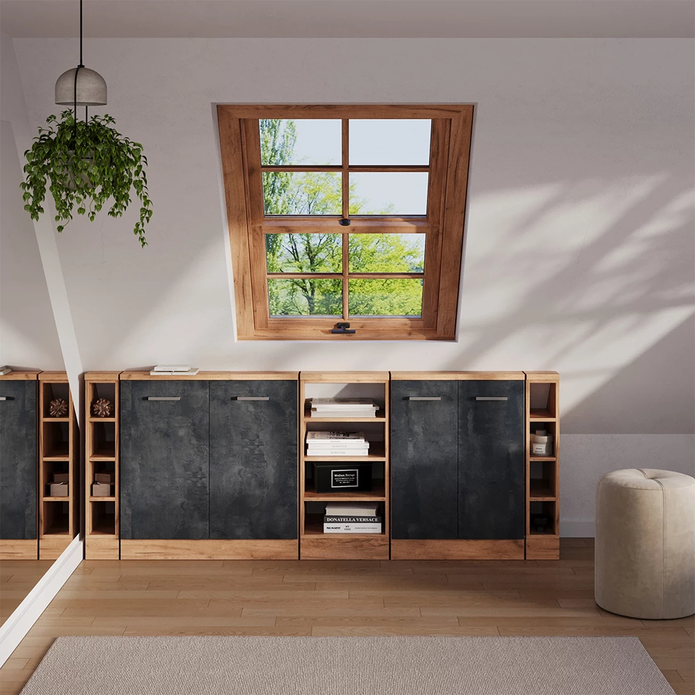 Šatníková zostava pre šikmé strechy in Čierny betón/dub Goldkraft on white background