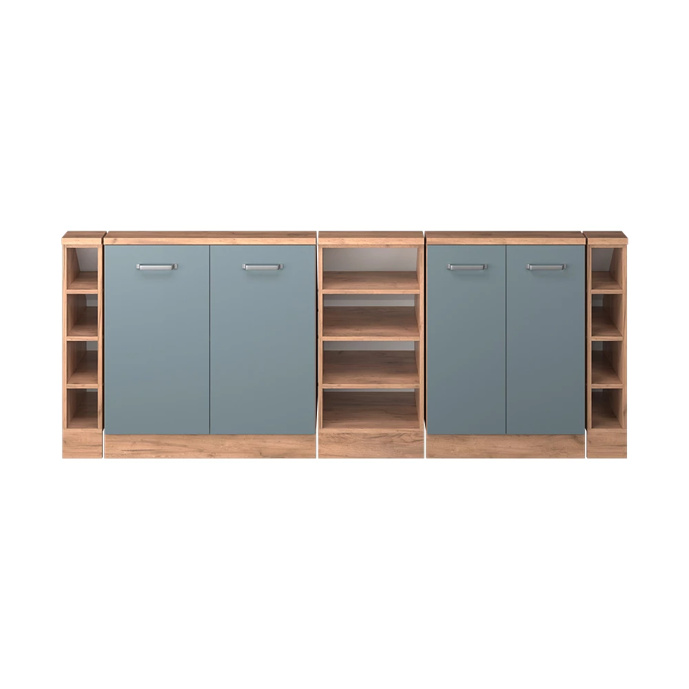 Nahaufnahme von Dachschrägenschrank-Set in Blau-Grau/Goldkraft Eiche, zeigt Textur/Details
