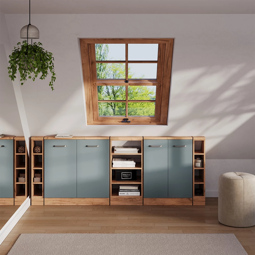 Garderobset för snedtak in Blågrå/Goldkraft Ek on white background