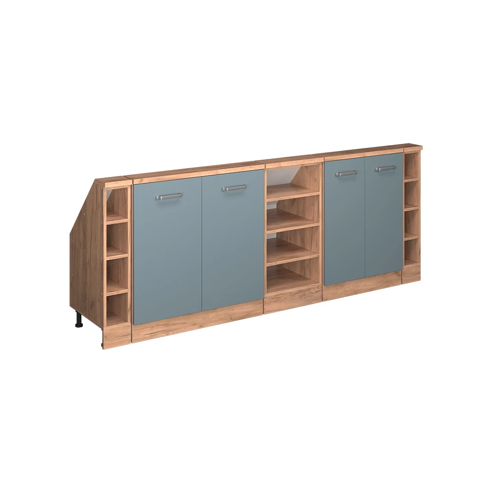Dachschrägenschrank-Set in Blau-Grau/Goldkraft Eiche auf weißem Hintergrund