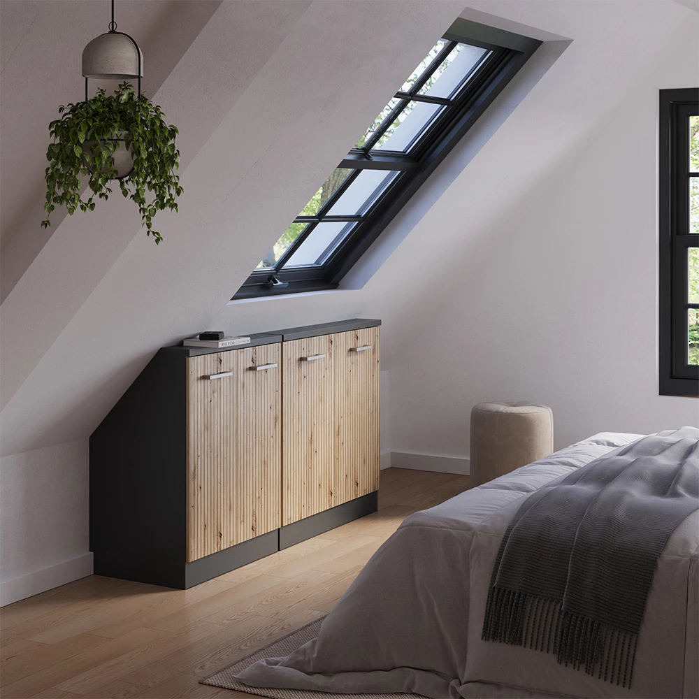 Nahaufnahme von Dachschrägenschrank-Set in Artisan Eiche/Anthrazit, zeigt Design- und Oberflächendetails