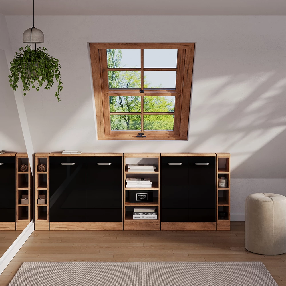 Šatníková zostava pre šikmé strechy in Čierny vysoký lesk/dub Goldkraft on white background