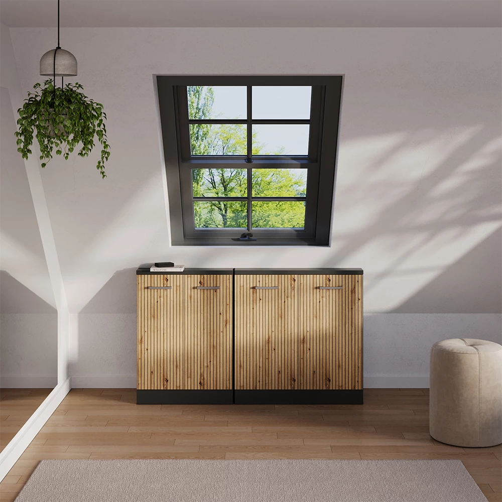 Dachschrägenschrank-Set in Artisan Eiche/Anthrazit, dargestellt im Ambiente mit Dekoration