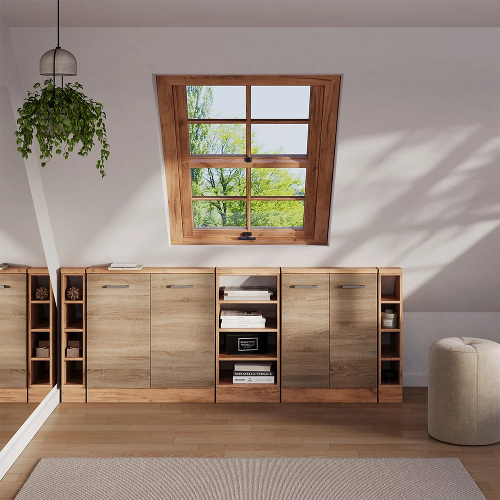 Dachschrägenschrank-Set in Sonoma/Goldkraft Eiche, dargestellt im Ambiente und auf weißem Hintergrund