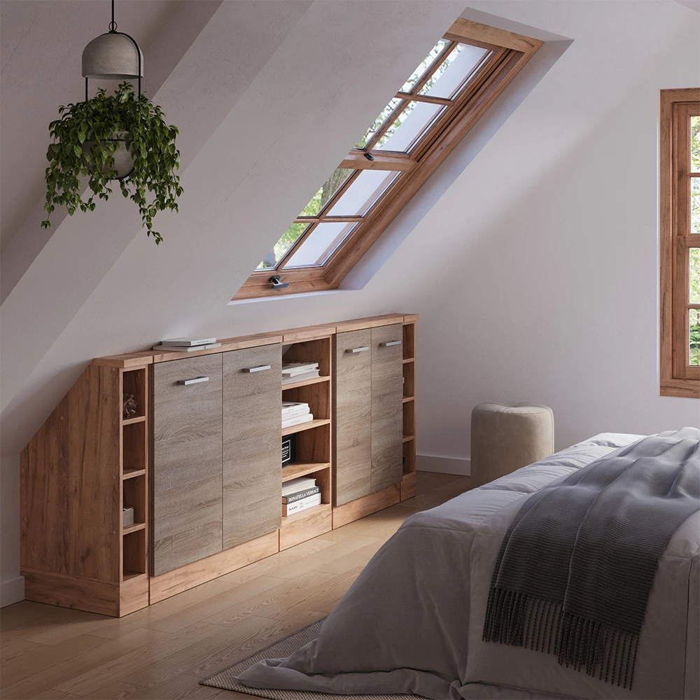 Nahaufnahme von Dachschrägenschrank-Set in Sonoma/Goldkraft Eiche, zeigt Design- und Oberflächendetails