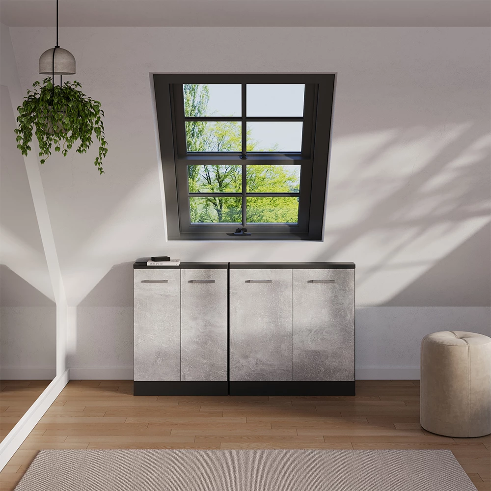 Dachschrägenschrank-Set in Beton/Anthrazit, dargestellt im Ambiente und auf weißem Hintergrund