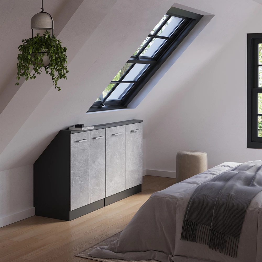 Nahaufnahme von Dachschrägenschrank-Set in Beton/Anthrazit, zeigt Design- und Oberflächendetails