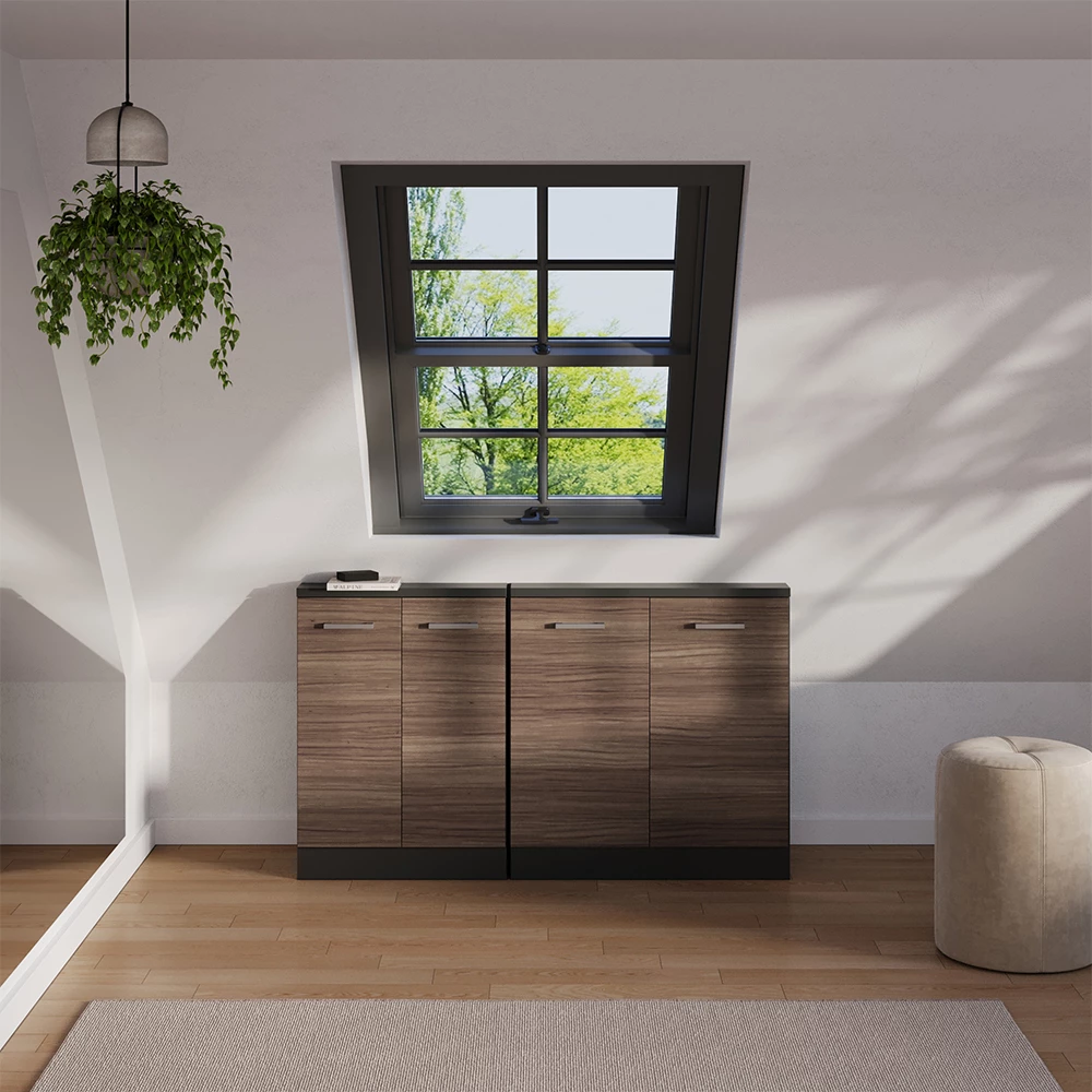 Dachschrägenschrank-Set in Edelgrau/Anthrazit, dargestellt im Ambiente und auf weißem Hintergrund