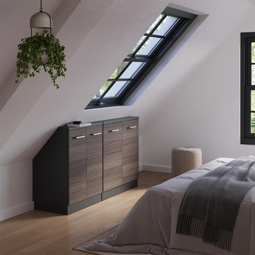 Nahaufnahme von Dachschrägenschrank-Set in Edelgrau/Anthrazit, zeigt Design- und Oberflächendetails