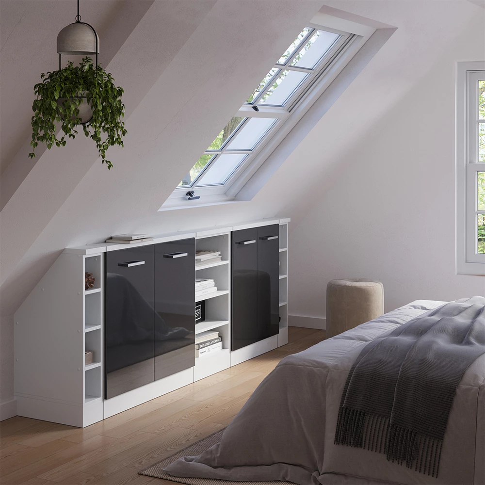 Nahaufnahme von Dachschrägenschrank-Set in Anthrazit Hochglanz/Weiß, zeigt Design- und Oberflächendetails