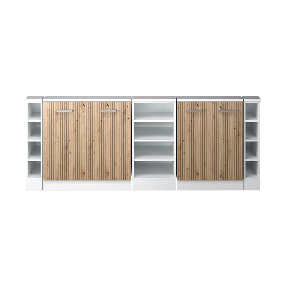 Gros plan de Ensembles de meuble de rangement sous pente en Artisan chêne/blanc, montrant la texture/les détails