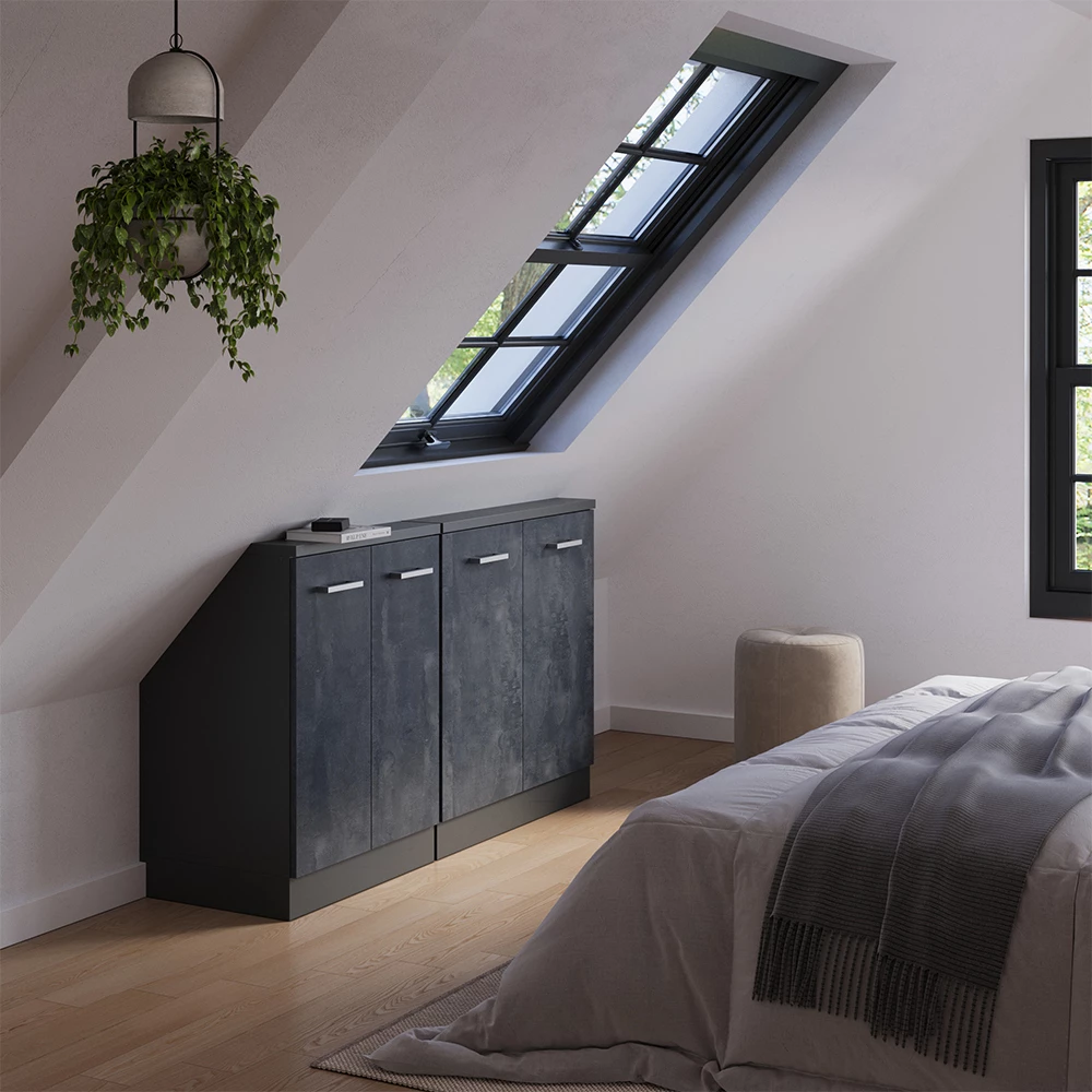 Nahaufnahme von Dachschrägenschrank-Set in Schwarz Beton/Anthrazit, zeigt Design- und Oberflächendetails