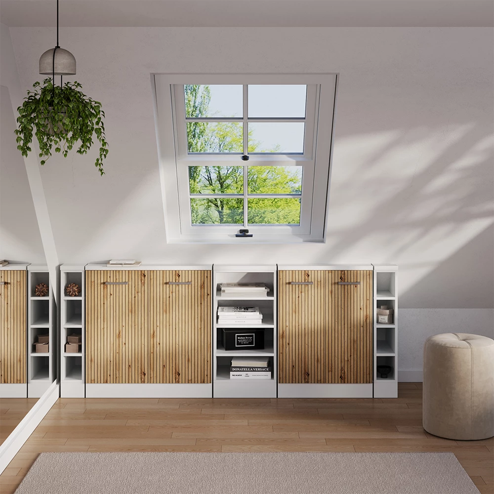 Set di mobili sottotetto in Rovere artigianale/bianco su sfondo bianco