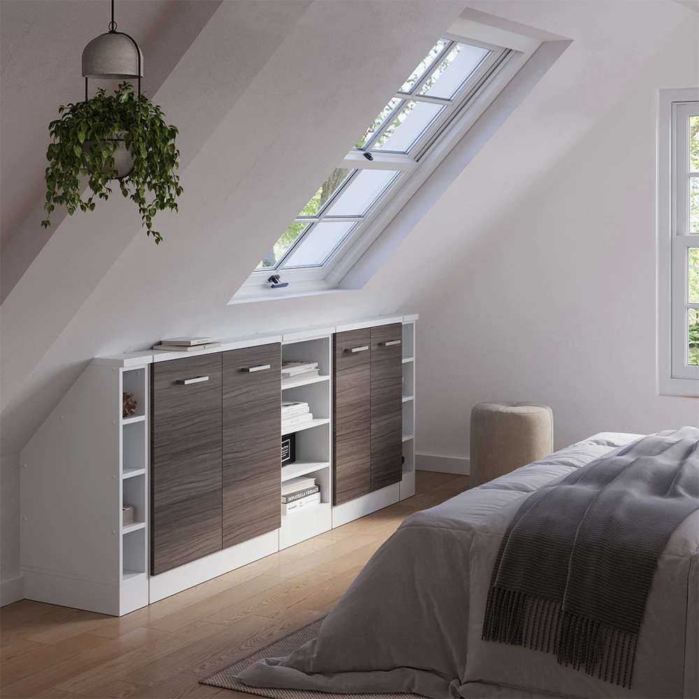 Skabssæt til skrå væg i farven Smuk grå/hvid på hvid baggrund