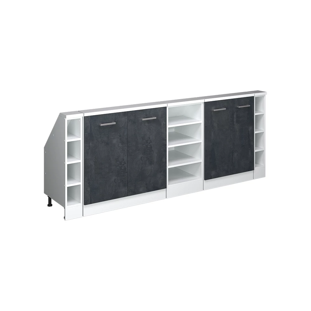 Dachschrägenschrank-Set in Schwarz Beton/Weiß auf weißem Hintergrund