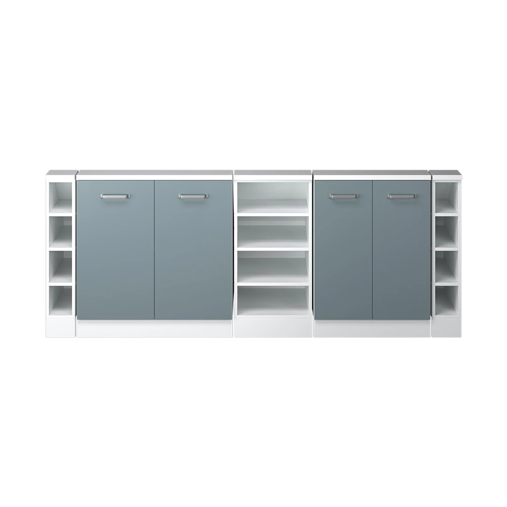 Nahaufnahme von Dachschrägenschrank-Set in Blau-Grau/Weiß, zeigt Textur/Details