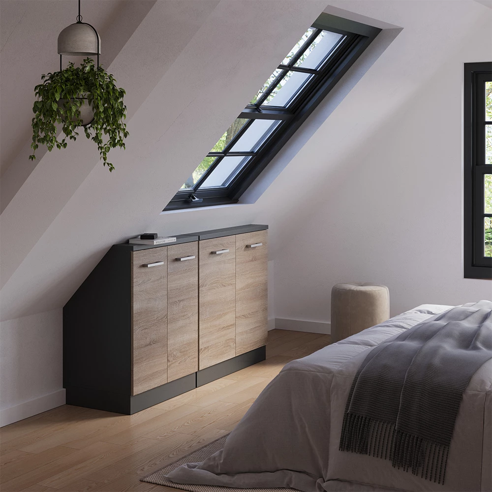 Nahaufnahme von Dachschrägenschrank-Set in Sonoma/Anthrazit, zeigt Design- und Oberflächendetails