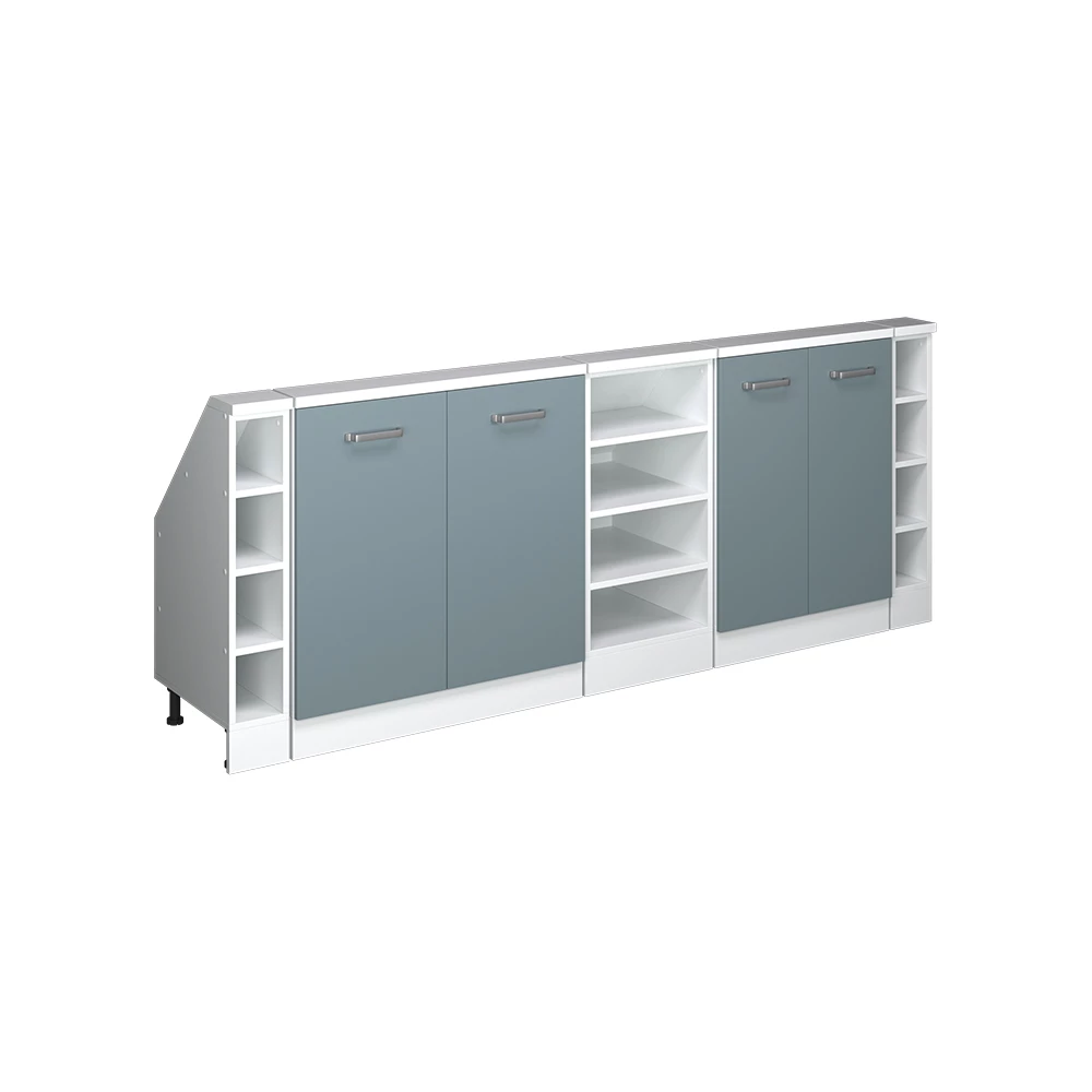 Dachschrägenschrank-Set in Blau-Grau/Weiß auf weißem Hintergrund