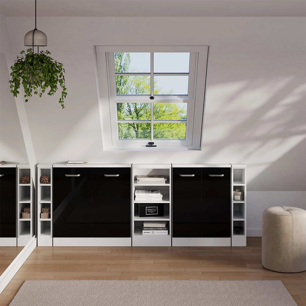 Set de dulapuri pentru acoperișuri în pantă in Stejar negru lucios/alb on white background