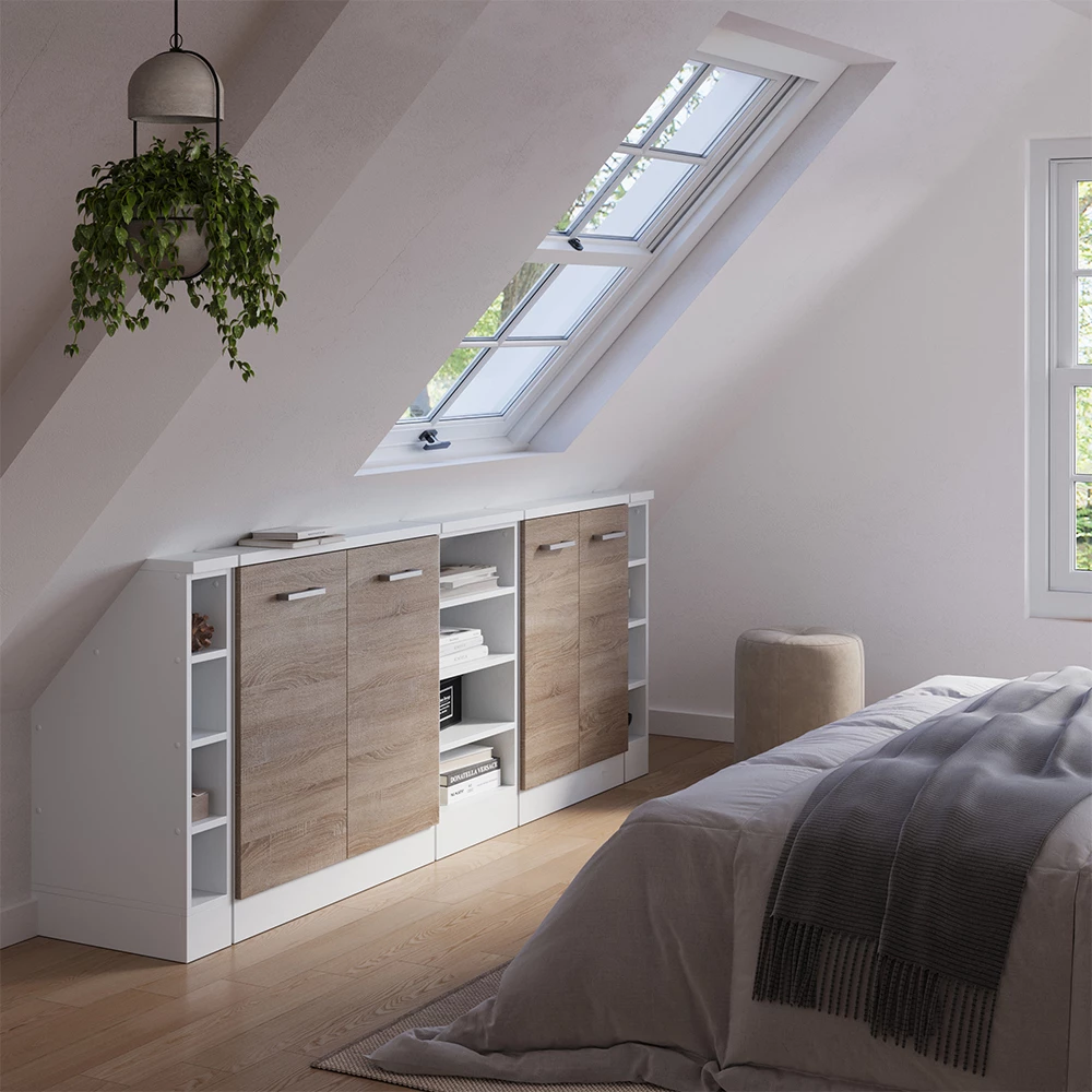 Ensembles de meuble de rangement sous pente en Sonoma/blanc sur fond blanc