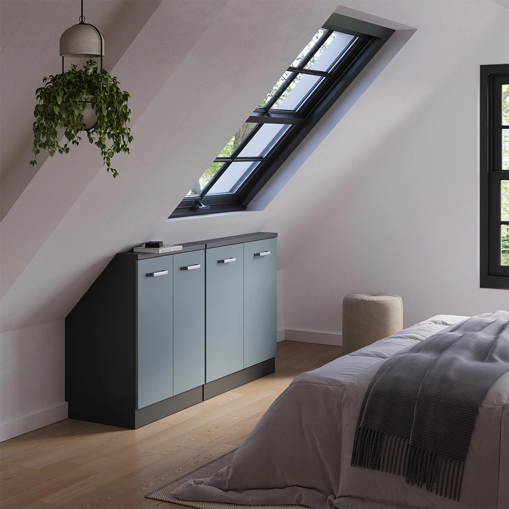 Nahaufnahme von Dachschrägenschrank-Set in Blau-Grau/Anthrazit, zeigt Design- und Oberflächendetails