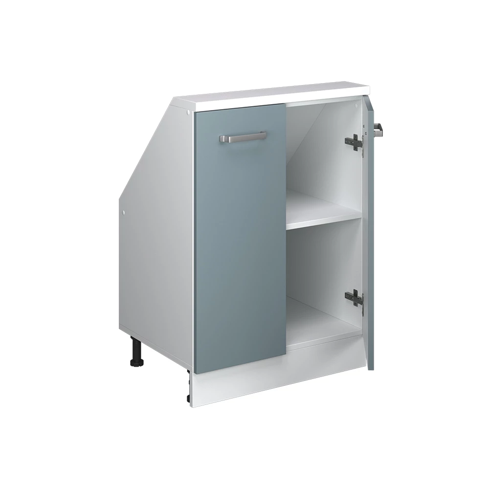 Nahaufnahme von Dachschrägenschrank in Blau-Grau/Weiß, zeigt Textur/Details