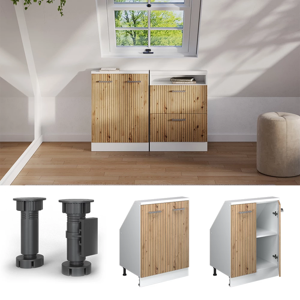 Nahaufnahme von Dachschrägenschrank in Artisan Eiche/Weiß, zeigt Design- und Oberflächendetails