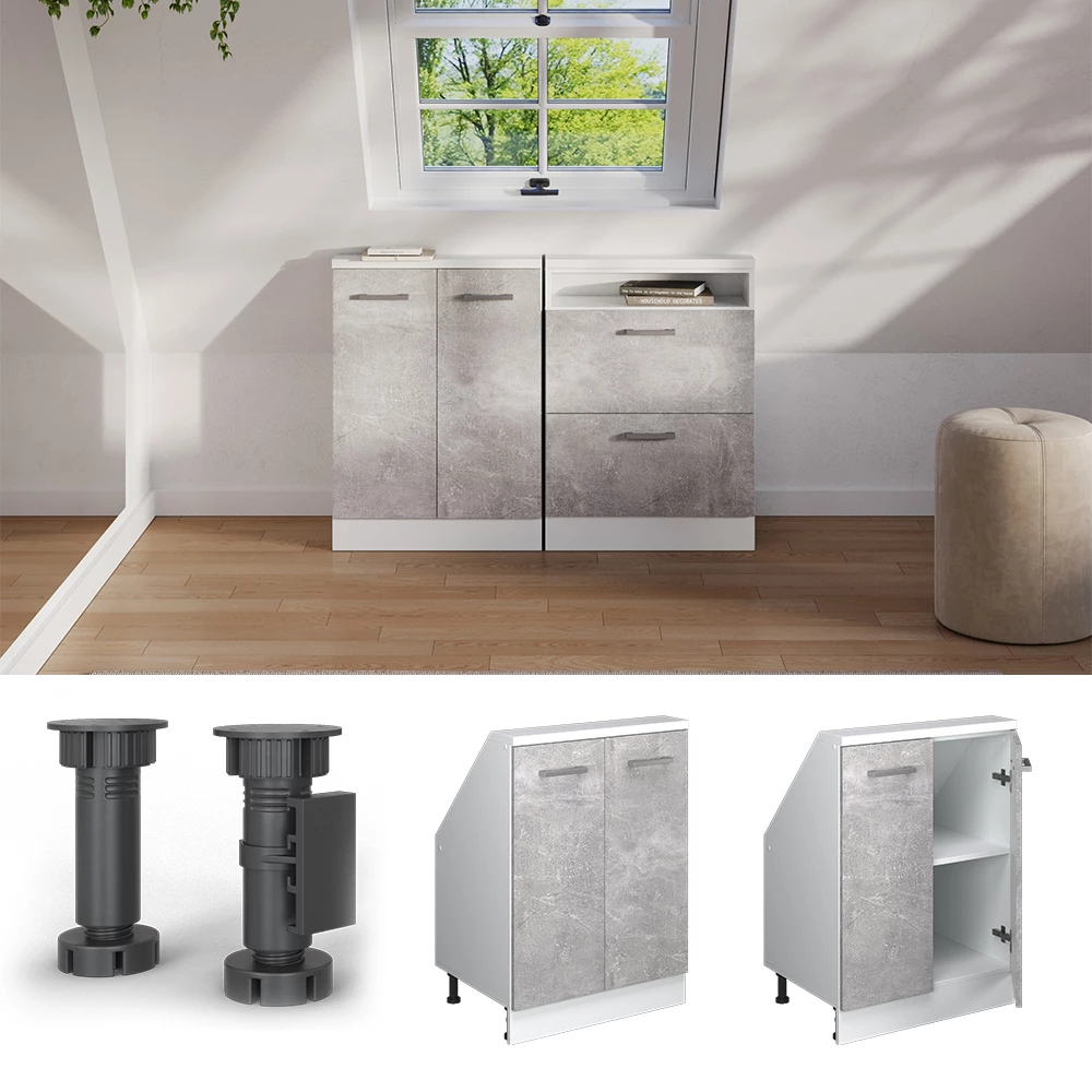 Nahaufnahme von Dachschrägenschrank in Beton/Weiß, zeigt Design- und Oberflächendetails