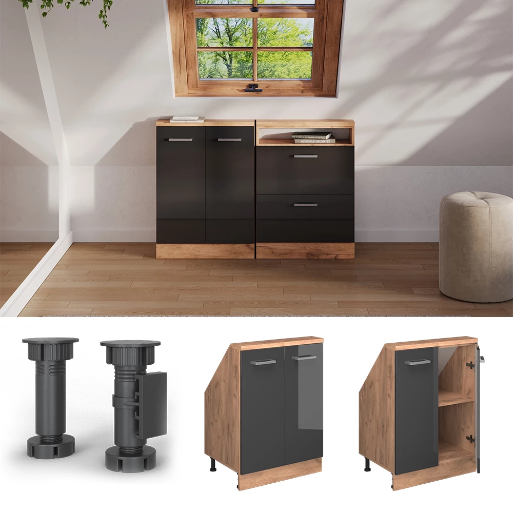 Nahaufnahme von Dachschrägenschrank in Anthrazit Hochglanz/Goldkraft Eiche, zeigt Design- und Oberflächendetails