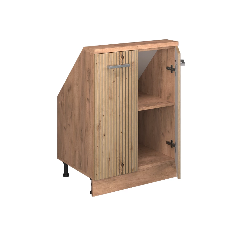 Gros plan de Meuble de rangement sous pente en Chêne Artisan/Chêne doré, montrant la texture/les détails