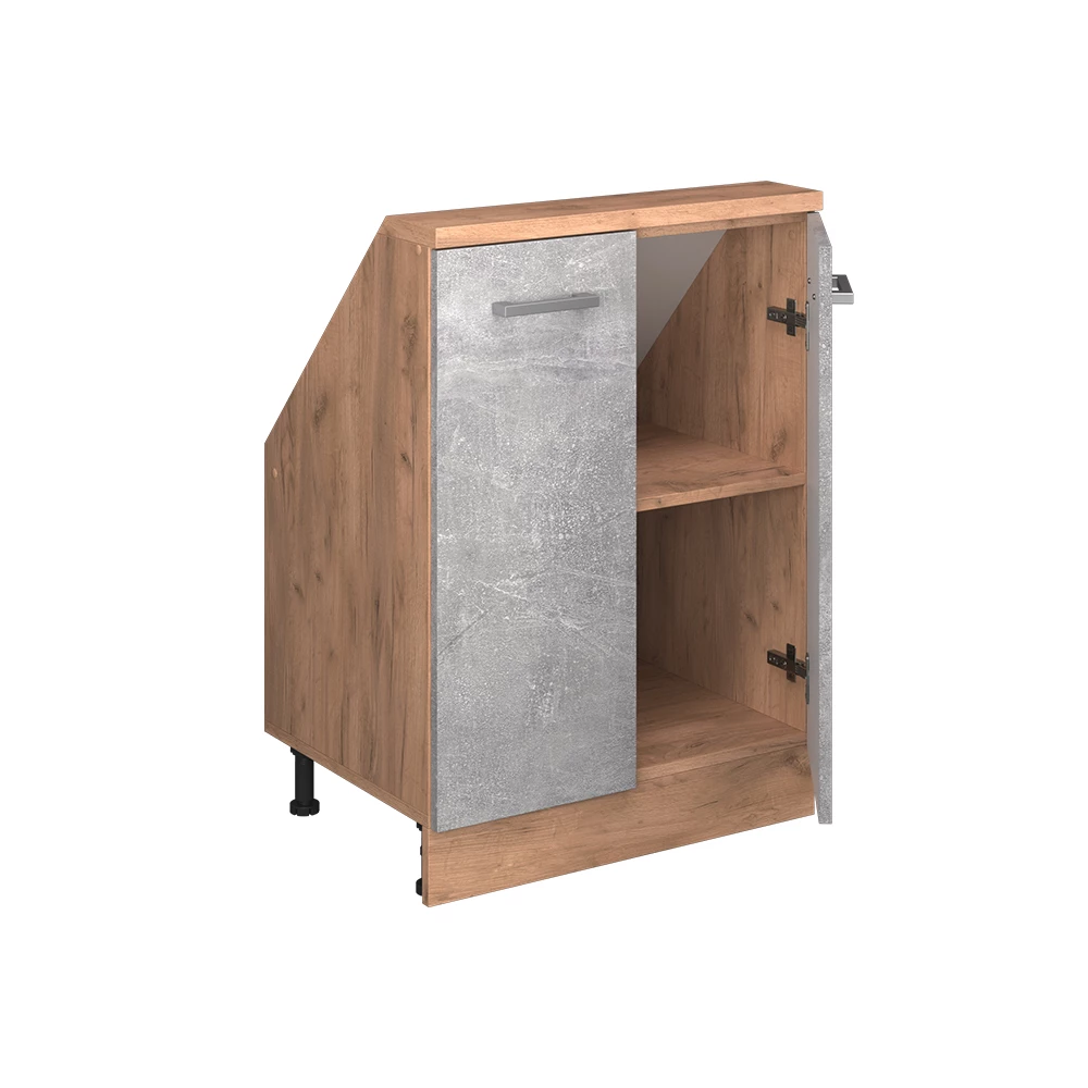 Gros plan de Meuble de rangement sous pente en Béton/force d'or Chêne, montrant la texture/les détails