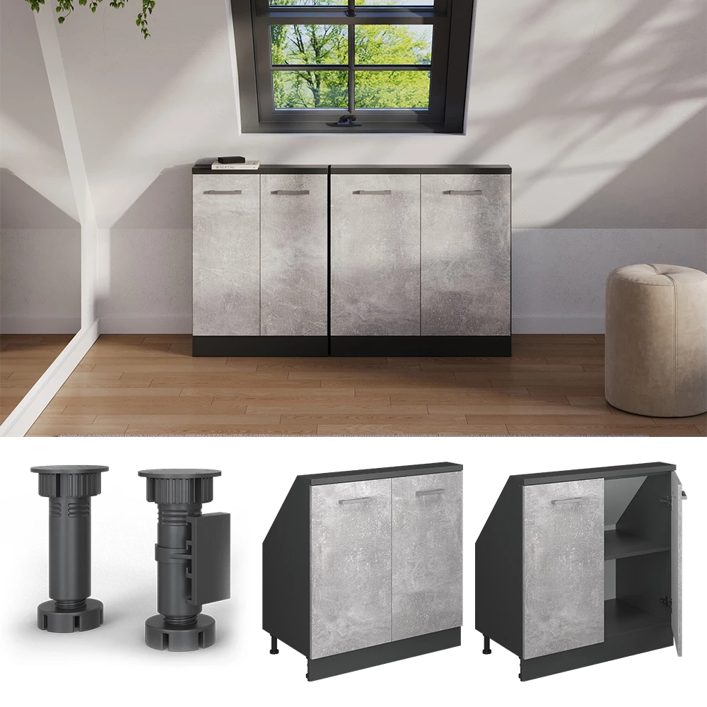 Nahaufnahme von Dachschrägenschrank in Beton/Anthrazit, zeigt Design- und Oberflächendetails