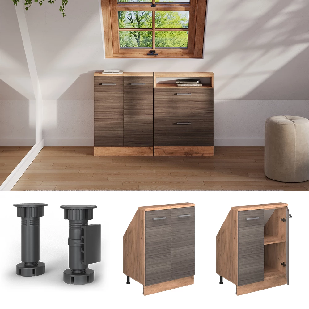 Skab til skrå væg i farven Ædelgrå/gylden eg på hvid baggrund