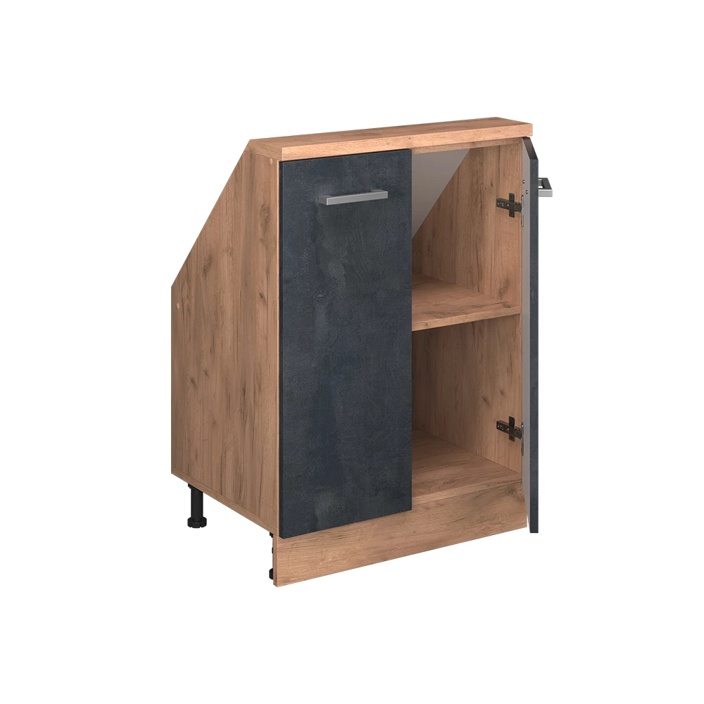 Gros plan de Meuble de rangement sous pente en Béton noir/chêne doré, montrant la texture/les détails
