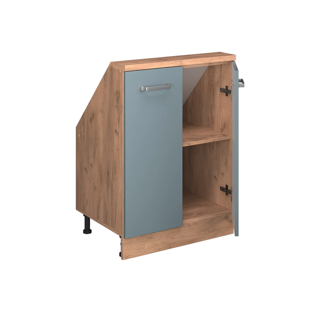 Nahaufnahme von Dachschrägenschrank in Blau-Grau/Goldkraft Eiche, zeigt Textur/Details