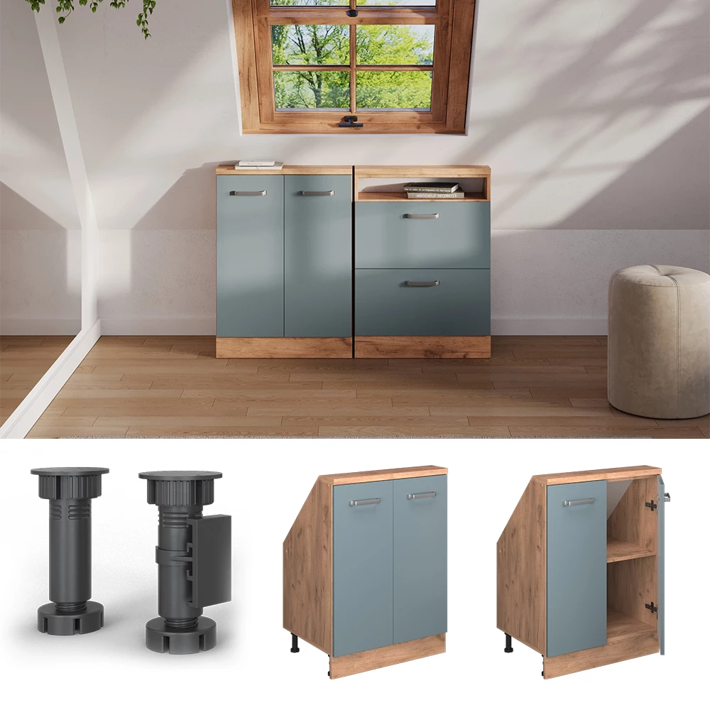Nahaufnahme von Dachschrägenschrank in Blau-Grau/Goldkraft Eiche, zeigt Design- und Oberflächendetails