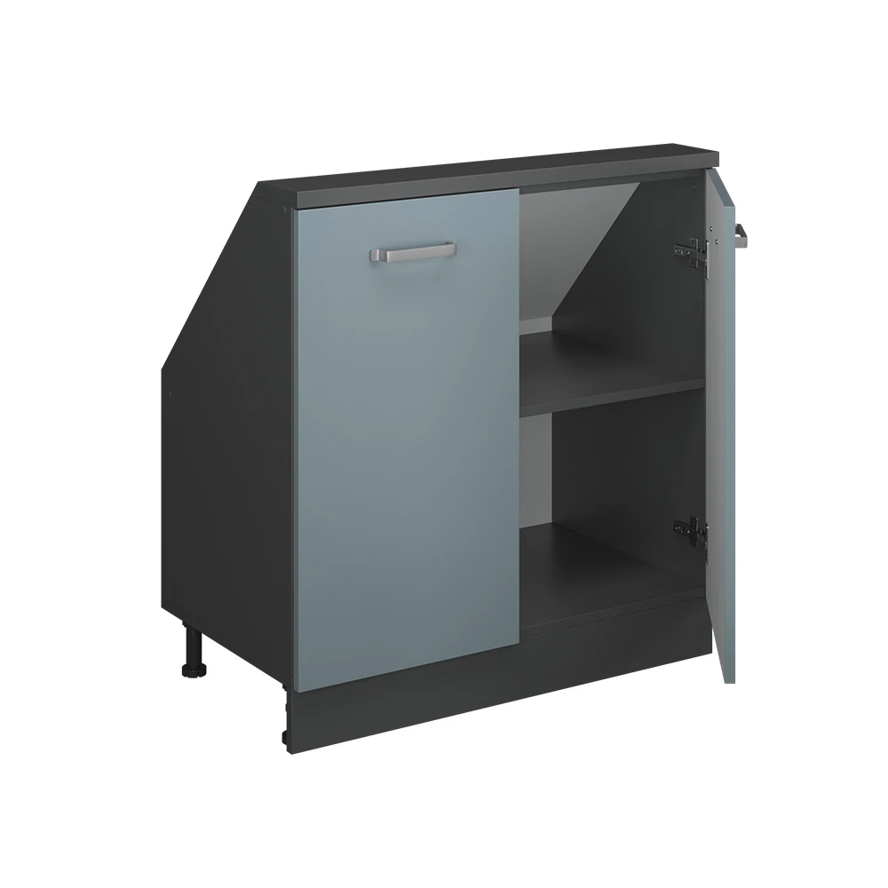 Nahaufnahme von Dachschrägenschrank in Blau-Grau/Anthrazit, zeigt Textur/Details