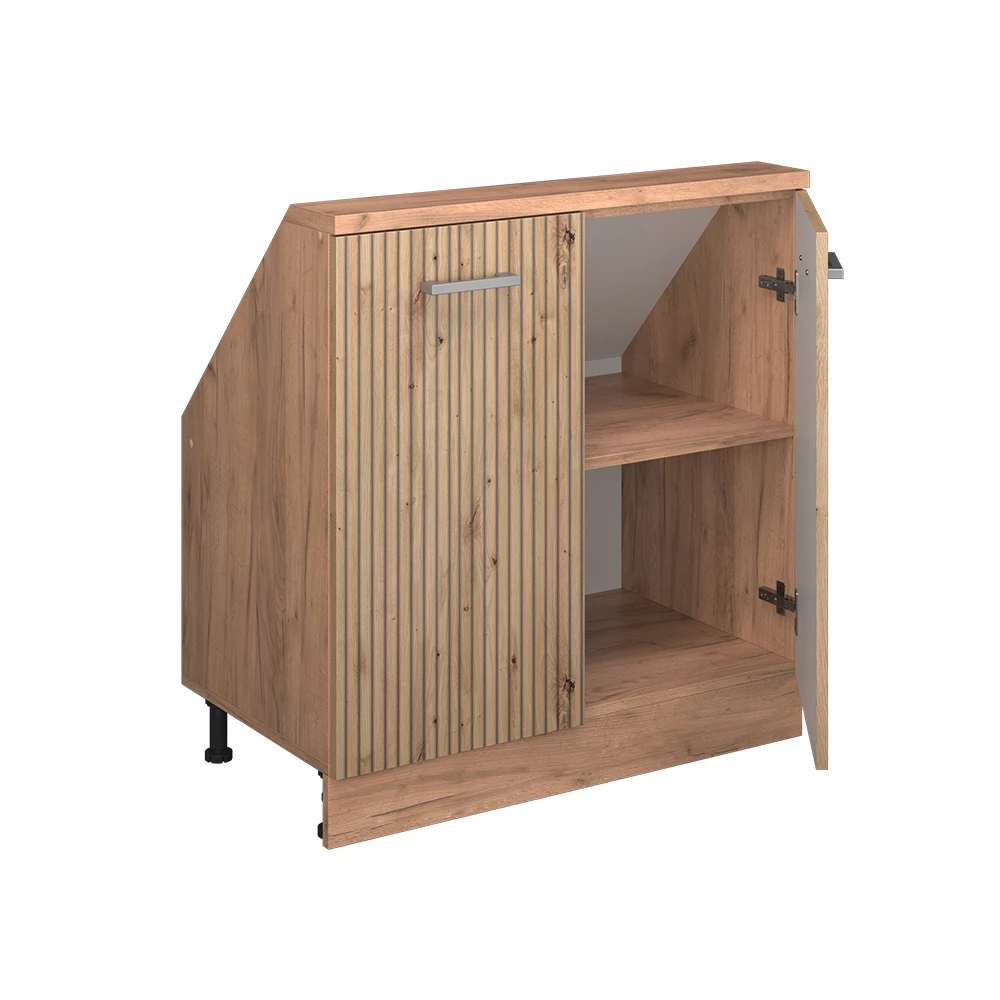 Gros plan de Meuble de rangement sous pente en Chêne Artisan/Chêne doré, montrant la texture/les détails