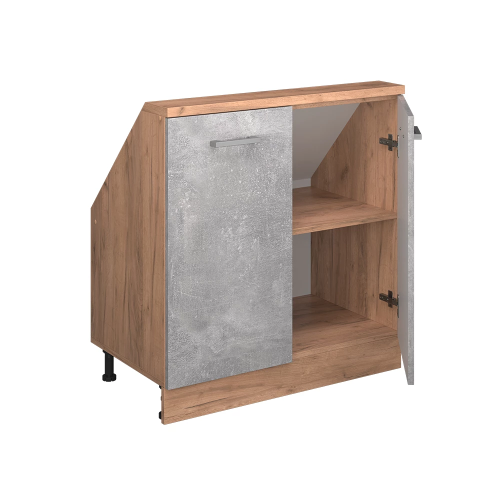 Gros plan de Meuble de rangement sous pente en Béton/force d'or Chêne, montrant la texture/les détails