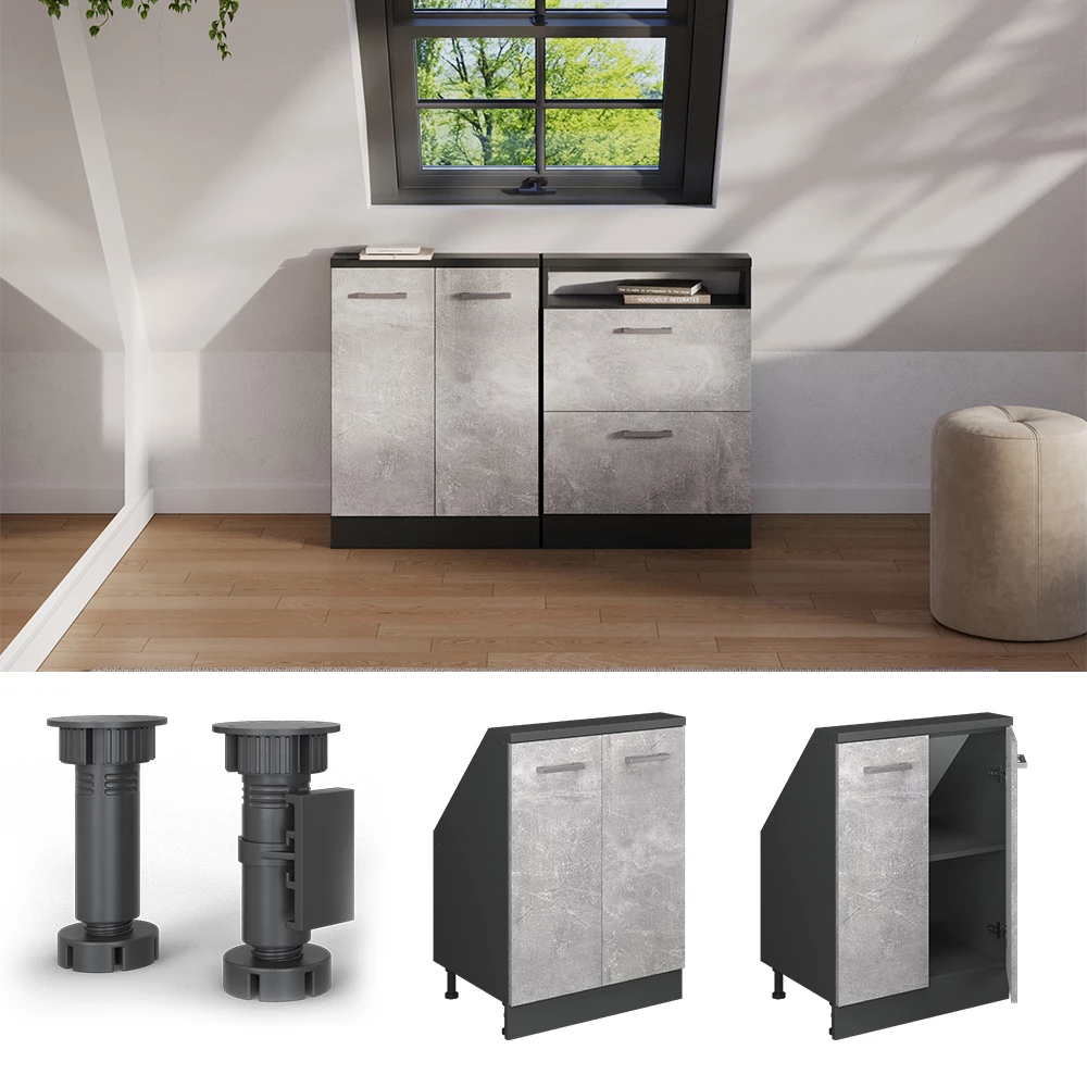 Nahaufnahme von Dachschrägenschrank in Beton/Anthrazit, zeigt Design- und Oberflächendetails
