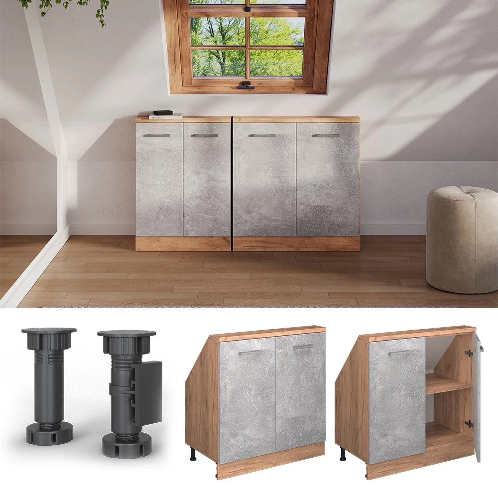 Šikmá skříň v barvě Beton/zlatý dub na bílém pozadí