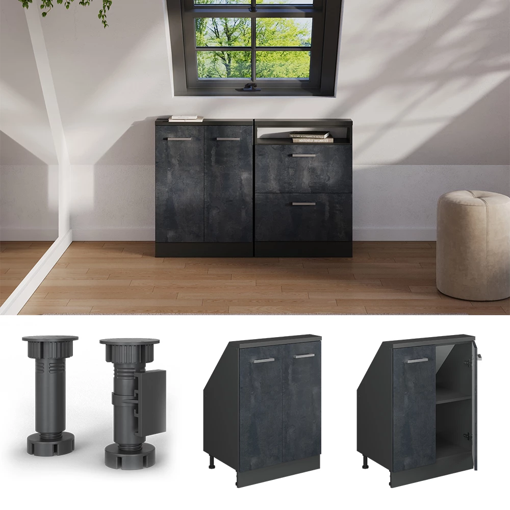 Nahaufnahme von Dachschrägenschrank in Schwarz Beton/Anthrazit, zeigt Design- und Oberflächendetails