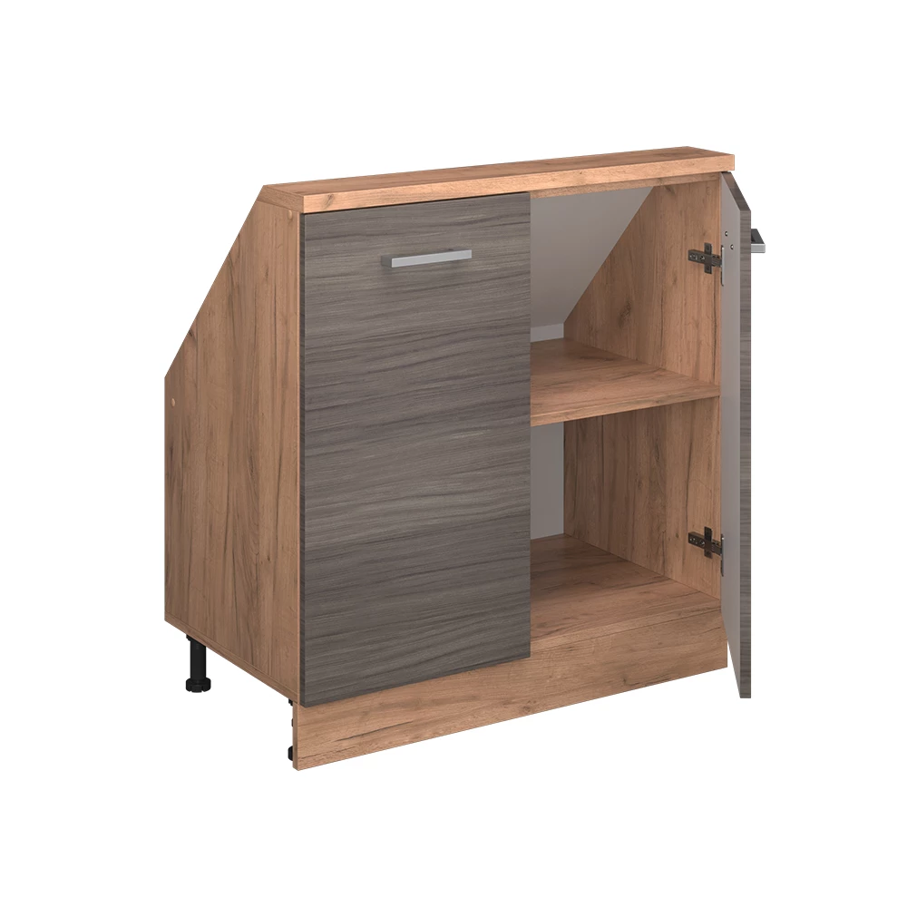 Nahaufnahme von Dachschrägenschrank in Edelgrau/Goldkraft Eiche, zeigt Textur/Details
