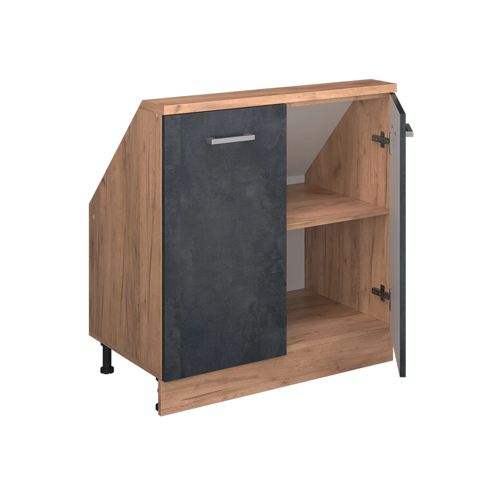 Nahaufnahme von Dachschrägenschrank in Schwarz Beton/Goldkraft Eiche, zeigt Textur/Details