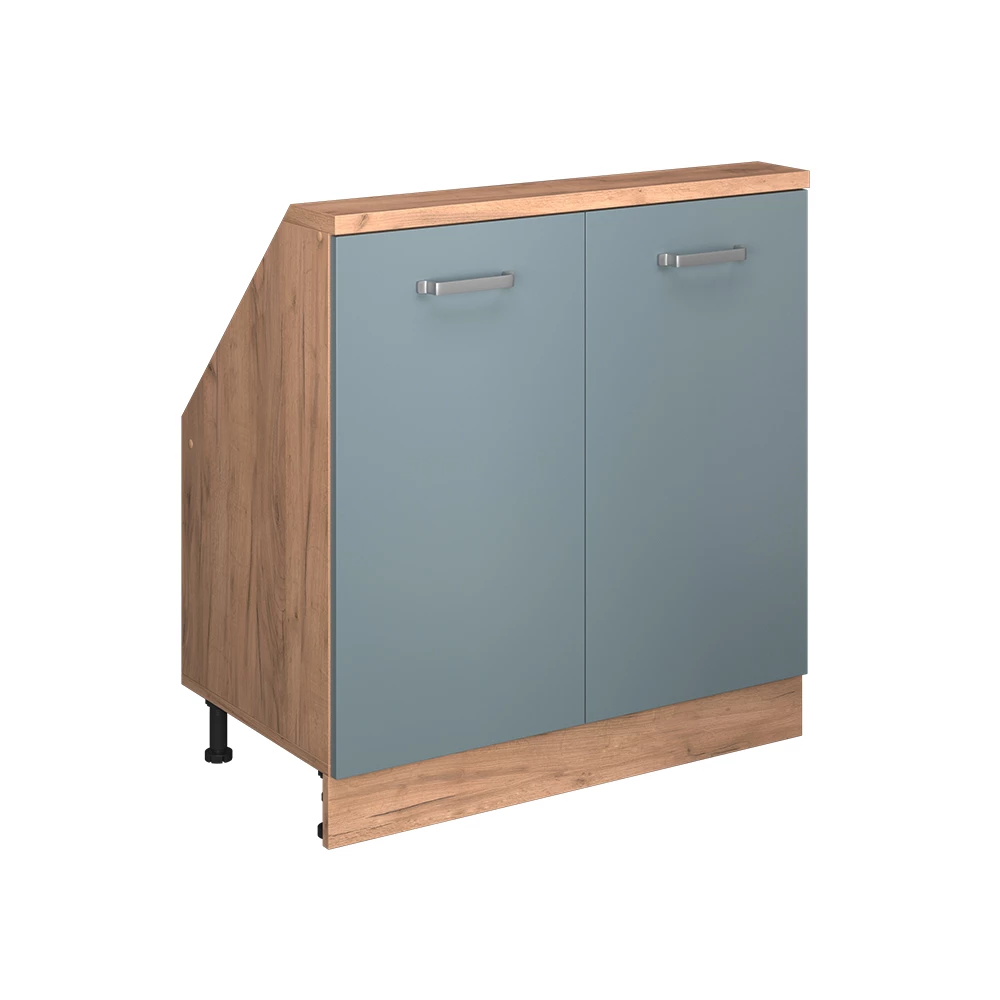 Dachschrägenschrank in Blau-Grau/Goldkraft Eiche auf weißem Hintergrund