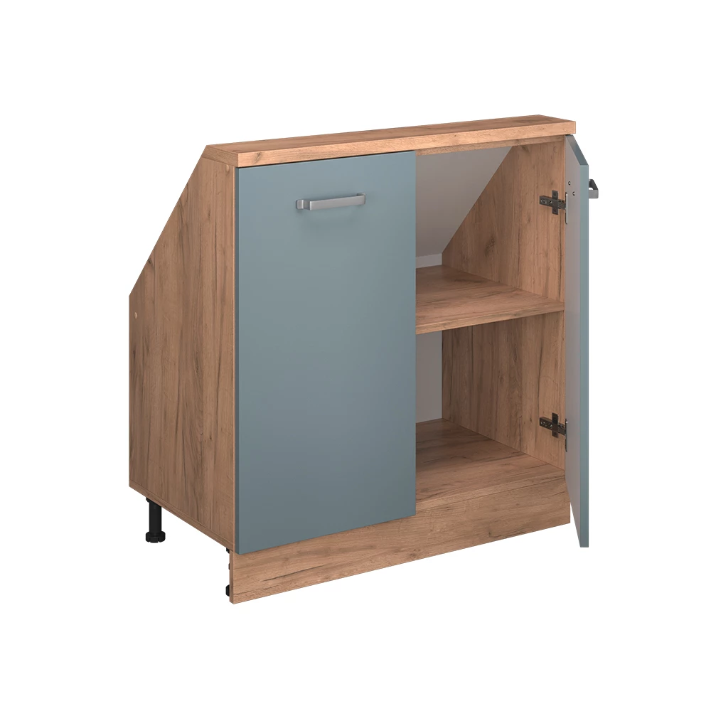 Nahaufnahme von Dachschrägenschrank in Blau-Grau/Goldkraft Eiche, zeigt Textur/Details