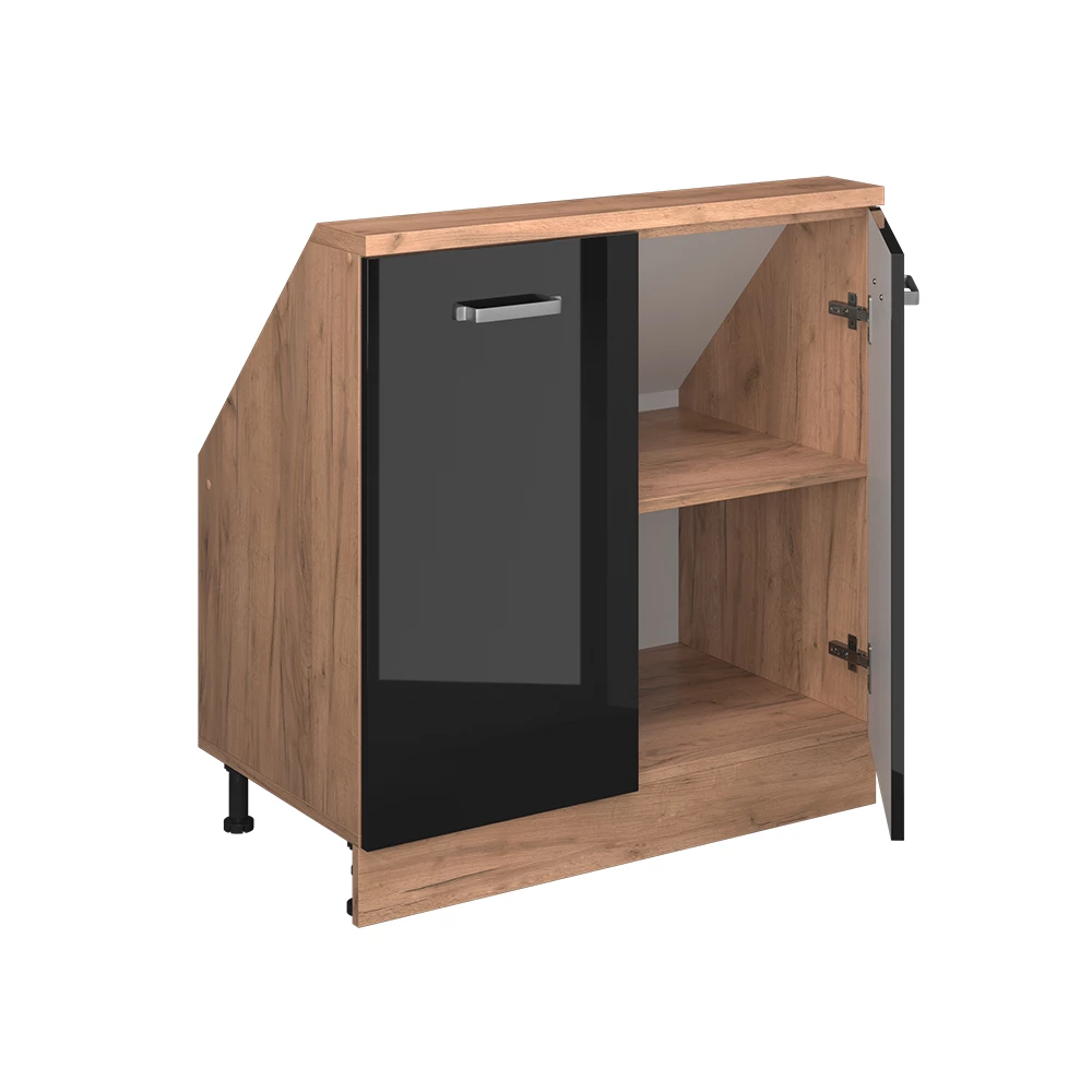 Gros plan de Meuble de rangement sous pente en Noir brillant/Chêne doré, montrant la texture/les détails