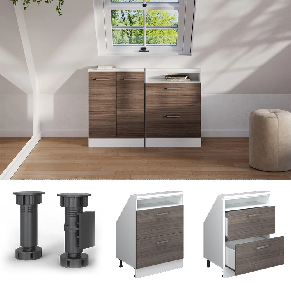 Skab til skrå væg i farven Smuk grå/hvid på hvid baggrund